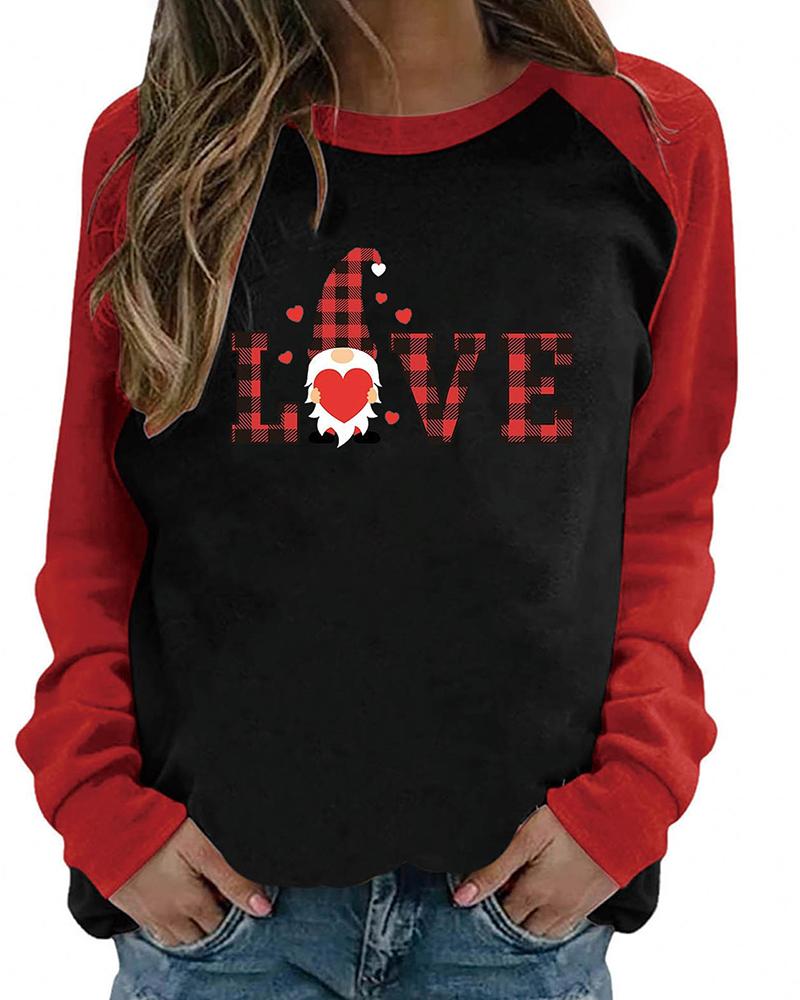 

Valentine' Day Colorblock Plaid Letter Heart Dwarf Print Top, Black