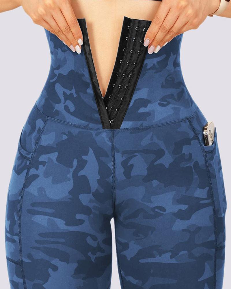 

Tummy Control High Waist Camouflage Print Sporty Leggings, Blue