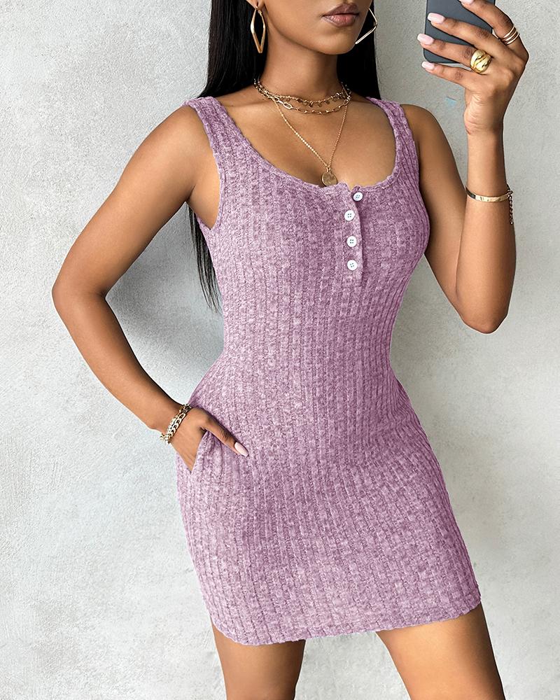 

Vestido bodycon canelado com design de bolso abotoado, Pink