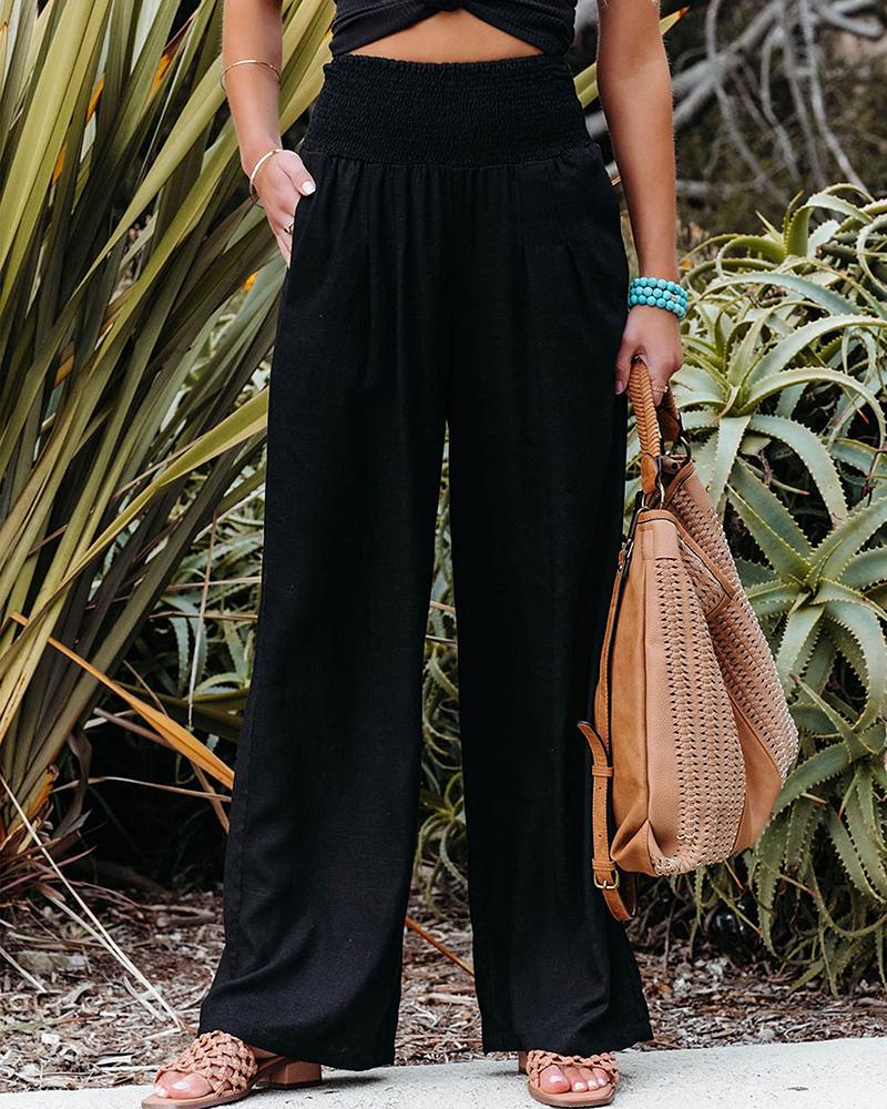 

Gathered Waist Pocket Design Wide Leg Pants, Black