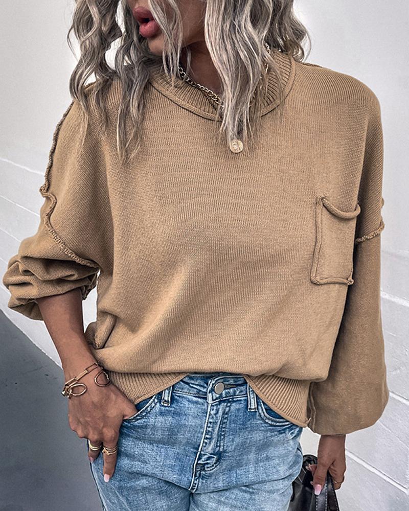 

Pocket Detail Lantern Sleeve Sweater, Khaki