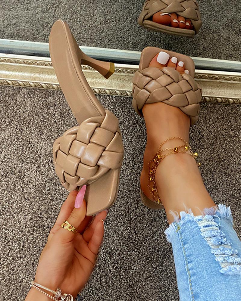 

Square-toe Solid Color Weave Strap Open-toe High Heels, Khaki