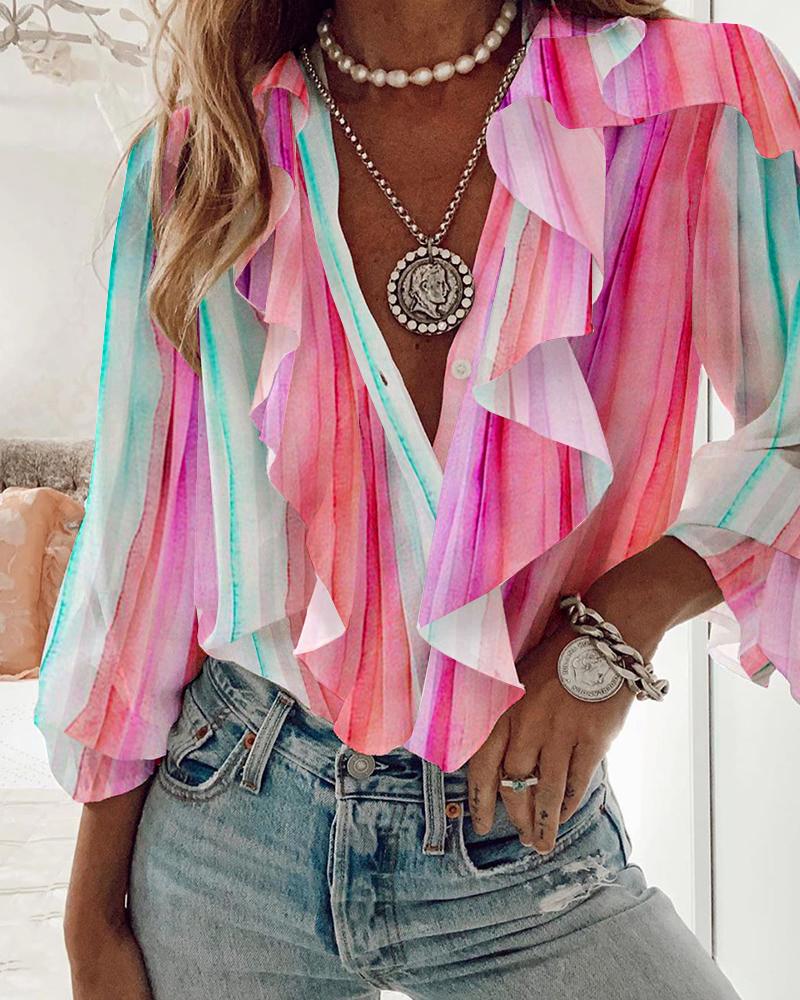 

Striped Print Colorblock Ruffle Hem Top, Multicolor