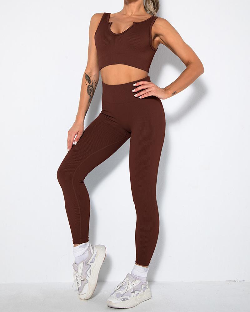 

Solid Color Sleeveless Seamless Knit Skinny Sexy Active Sets, Dark brown