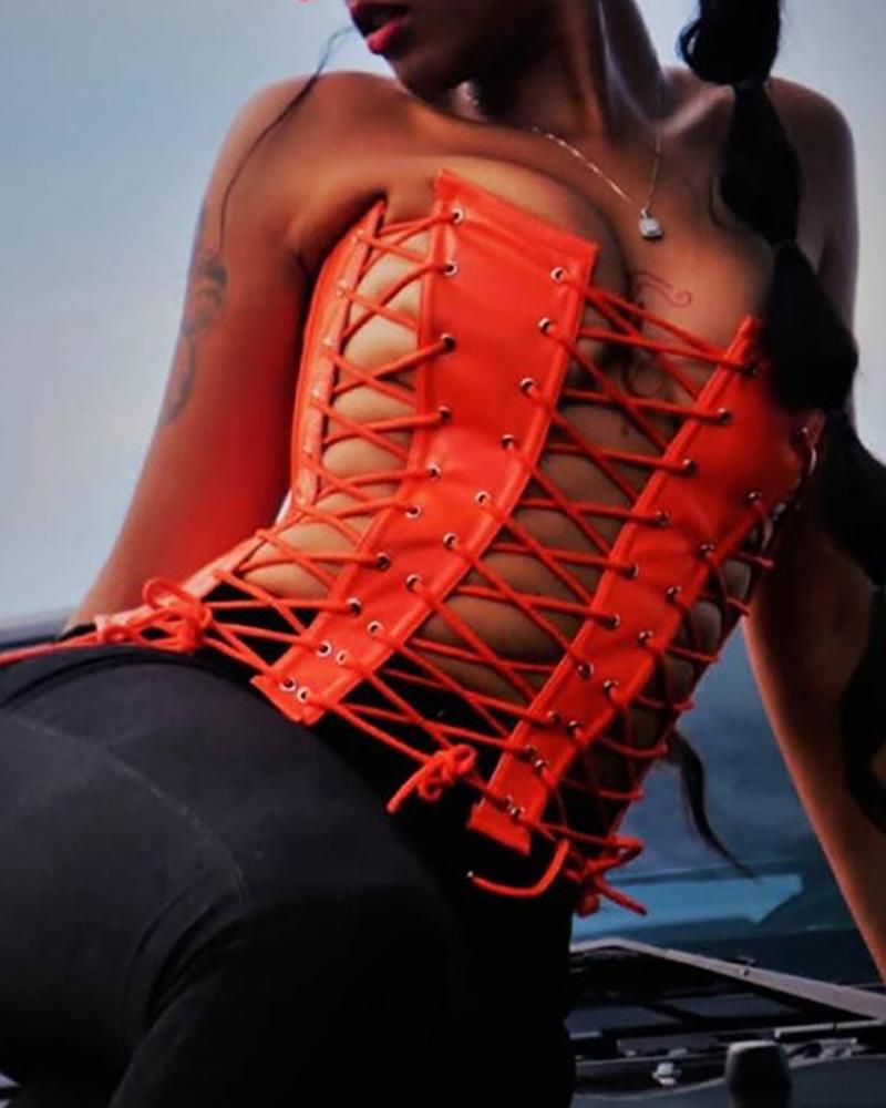 

Eyelet Lace Up Bandeau PU Leather Top, Orange