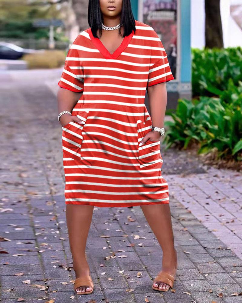 

Plus Size Striped Print Pocket Detail Casual Dress, Red