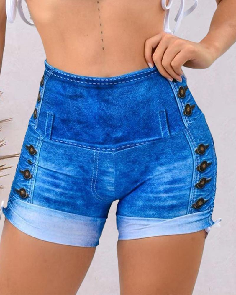 

Denim Look Print High Waist Drawstring Active Shorts, Blue