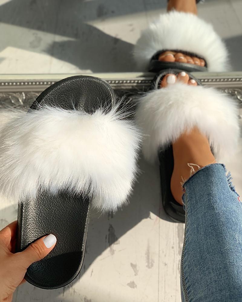 

Peep Toe Fluffy Flat Slipper Sandals, White