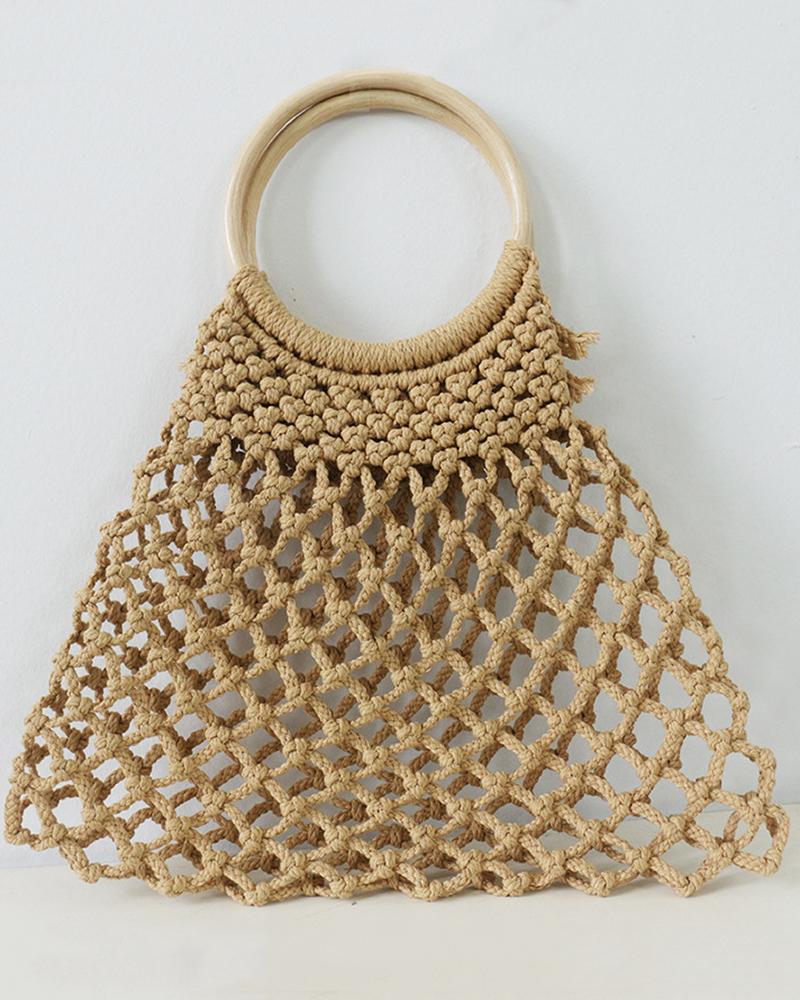 

Crochet Hollow Out Round Beach Handle Handbag, Khaki