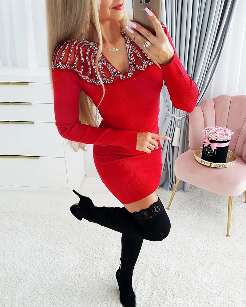 Sexy Geometric retro Rhinestone high-necked long-sleeved bodycon tight dress velvet