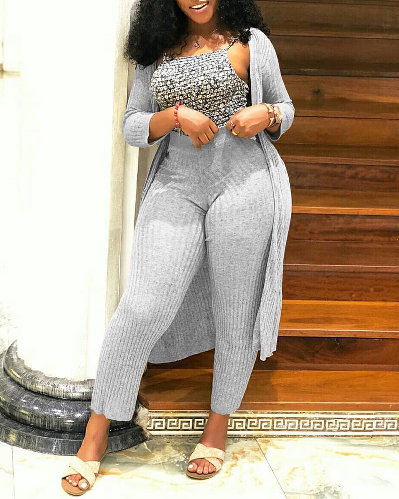 

Long Sleeve Cardigan & High Waist Pants Set, Gray