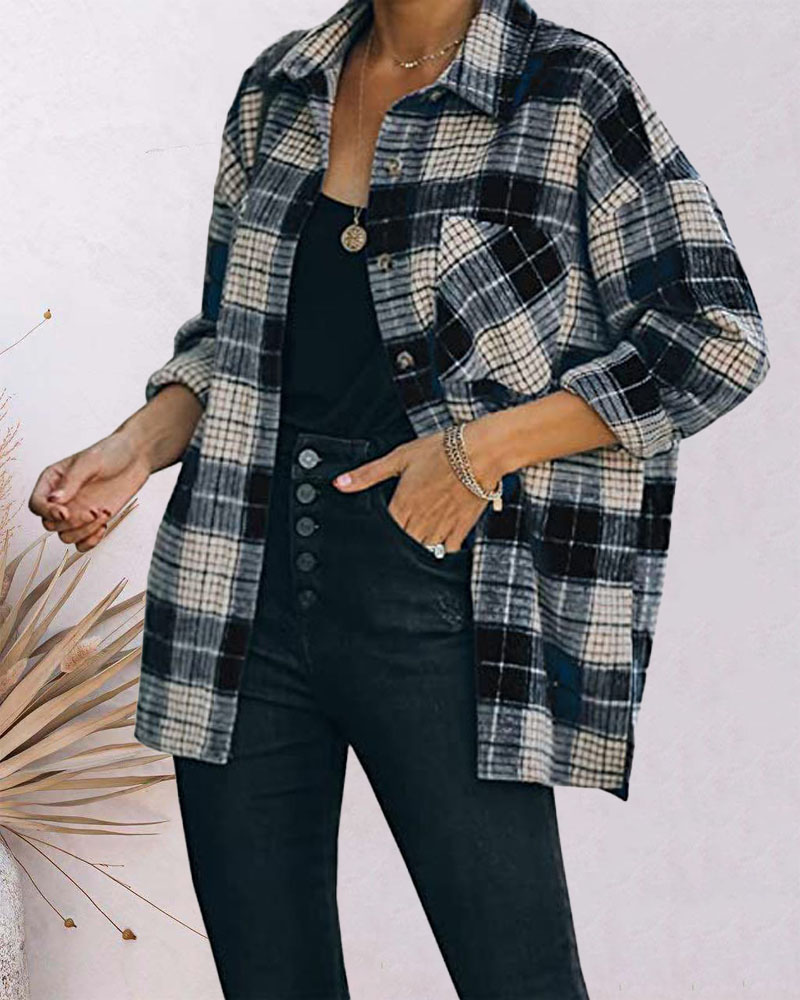 

Plaid Print Long Sleeve Button Down Shacket, Black