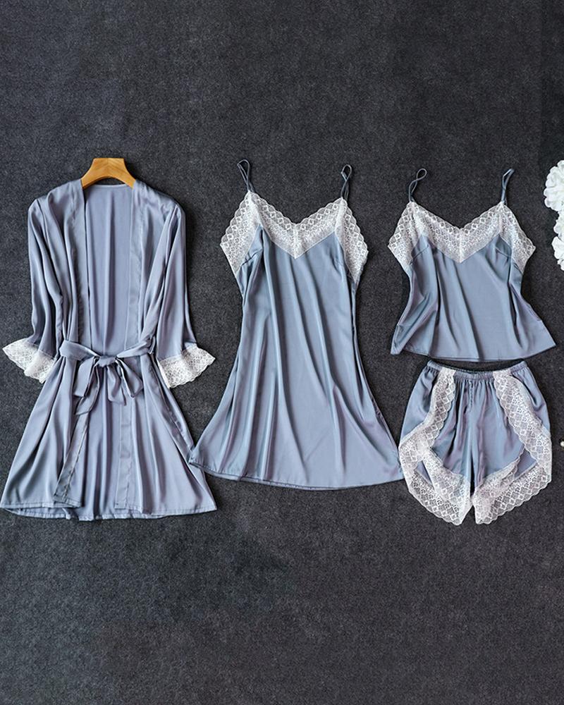 

Satin Lace Trim 4PCS Sleepwear Sets, Sky blue