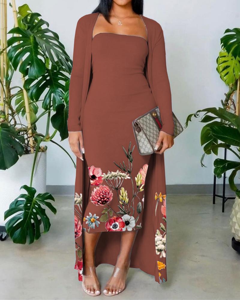 

Floral Print Bodycon Tube Dress With Longline Coat, Coffee