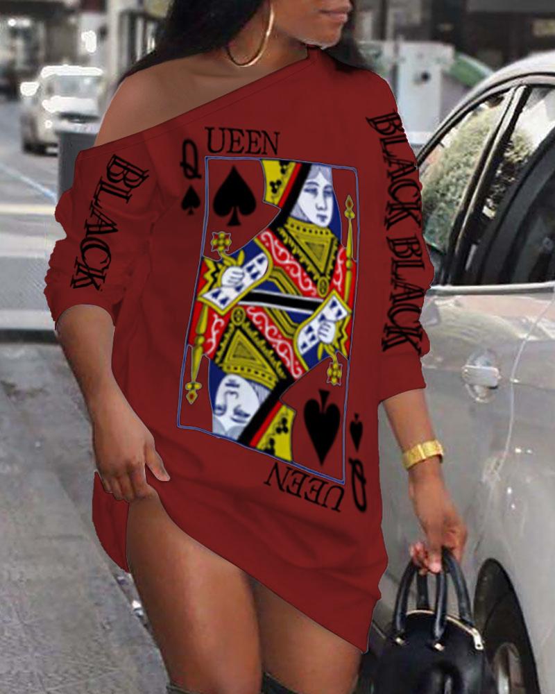 

Plus Size Poker Letter Print Long Sleeve Casual Dress, Wine red