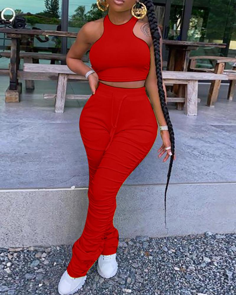 

Sleeveless Crop Top & Ruched Bootcut Pants Set, Red