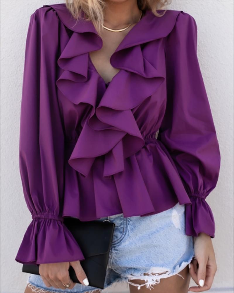 

Ruffles Bell Sleeve V-Neck Top, Dark purple
