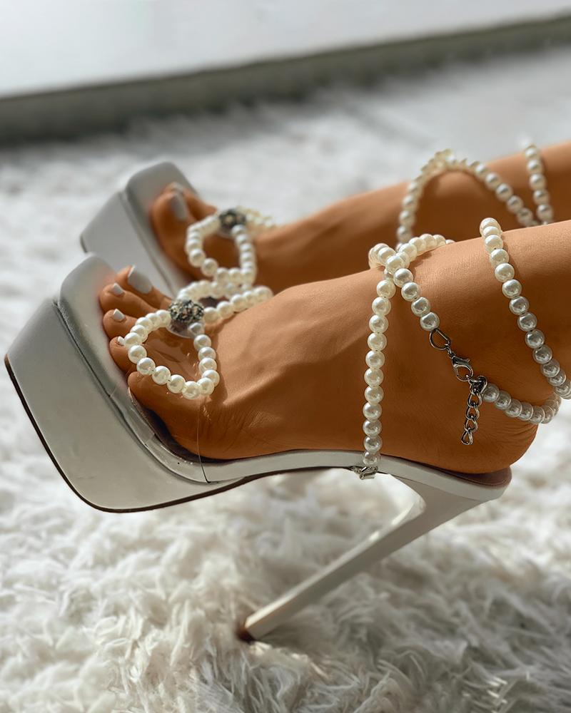 

Beaded Strappy Bowknot Clear Perspex Platform Heels, White