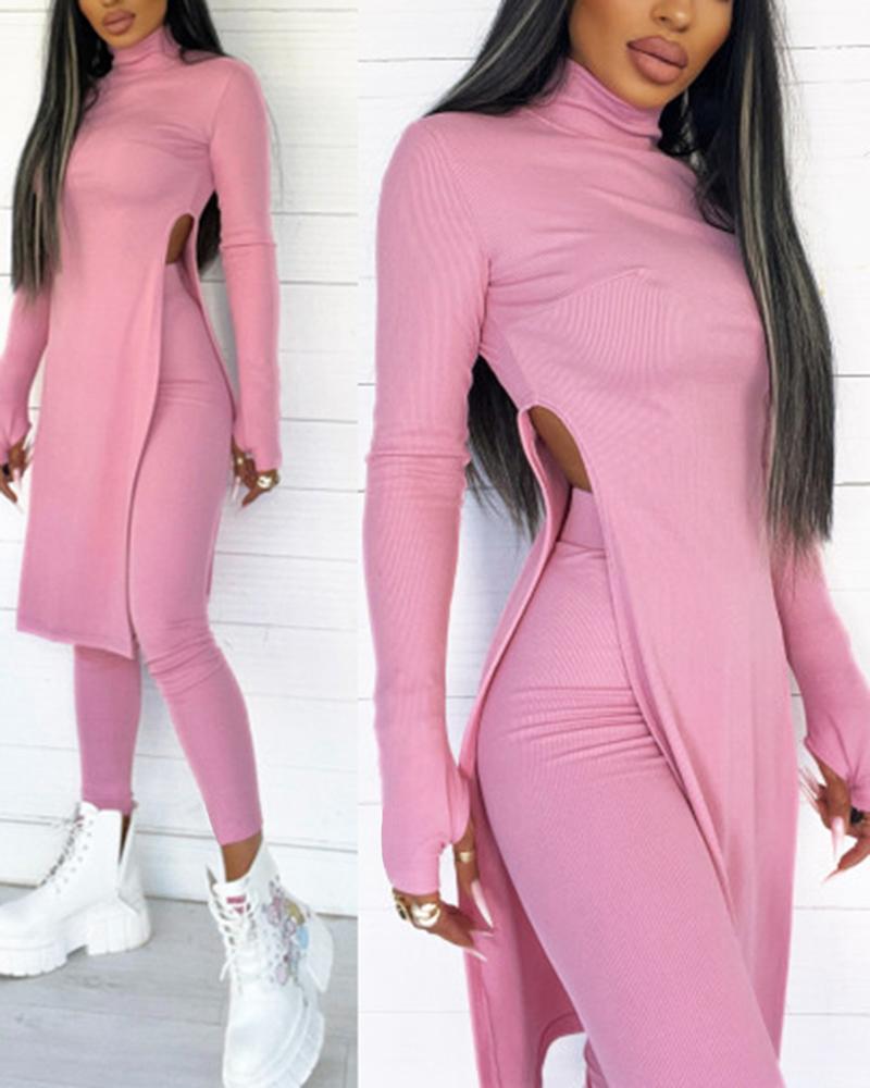 High Neck Slit Hem Top & Pants Set