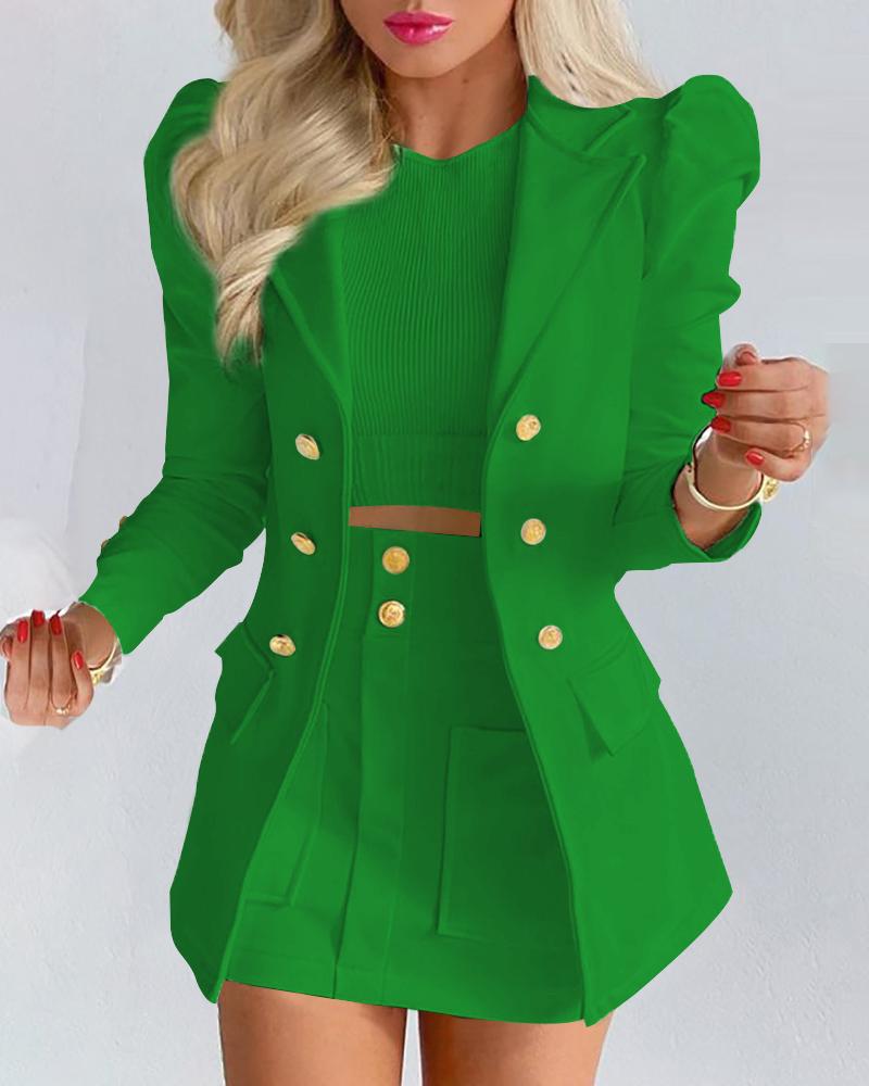 

Puff Sleeve Buttoned Blazer Coat & Pocket Design Skirt Set, Dark green