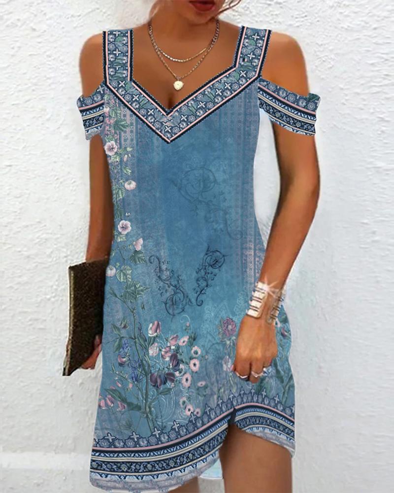 

Floral Tribal Print Cold Shoulder Casual Dress, Blue