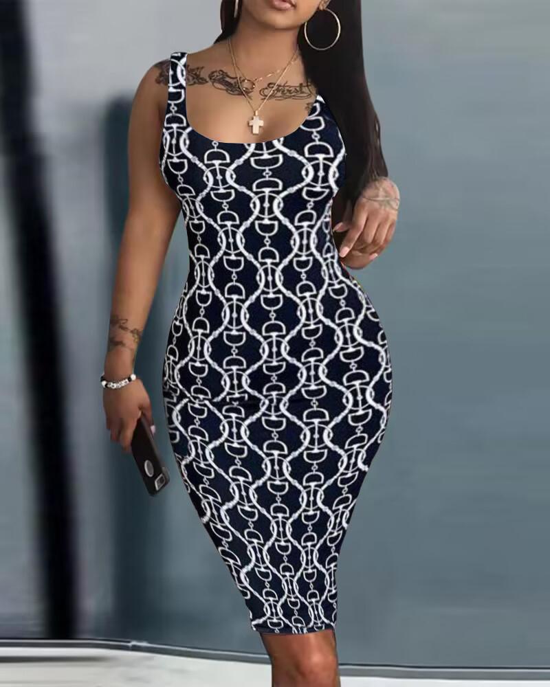 

Graphic Print Spaghetti Strap Bodycon Dress, Black