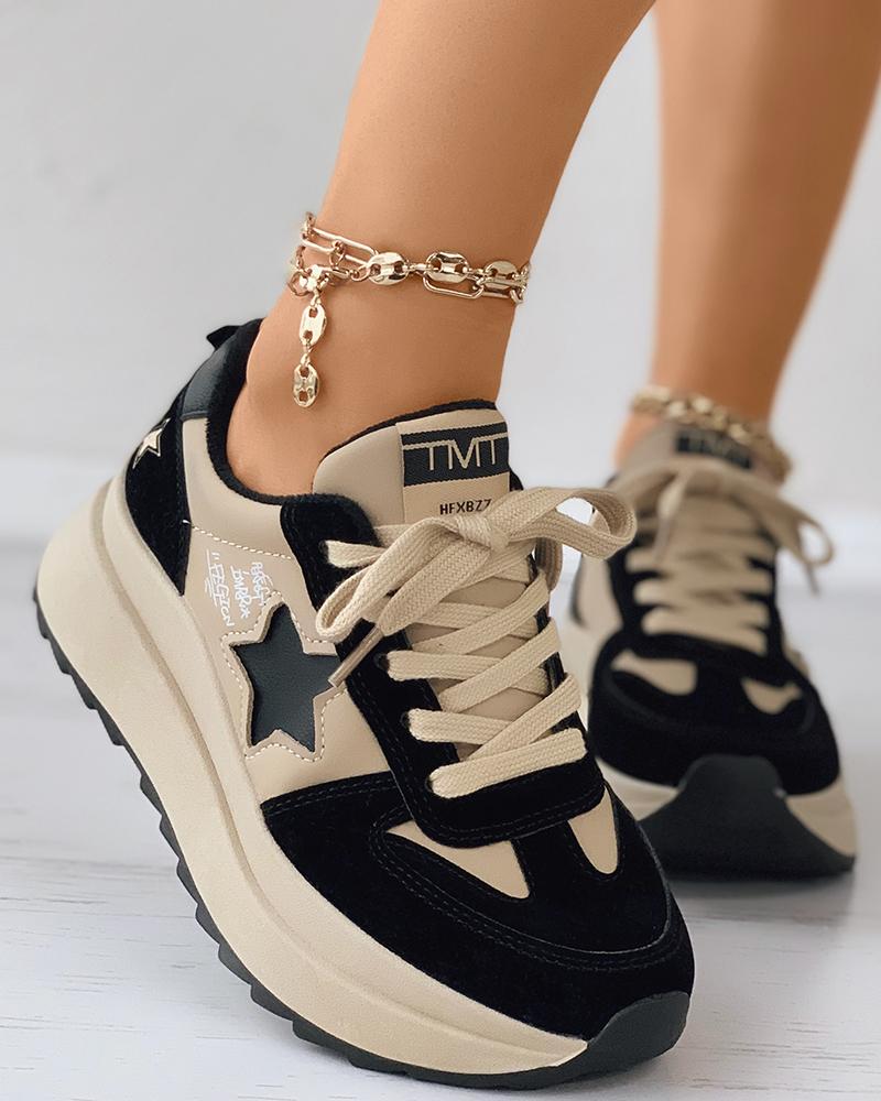 

Star Letter Pattern Suede Lace-up Sneaker, Black