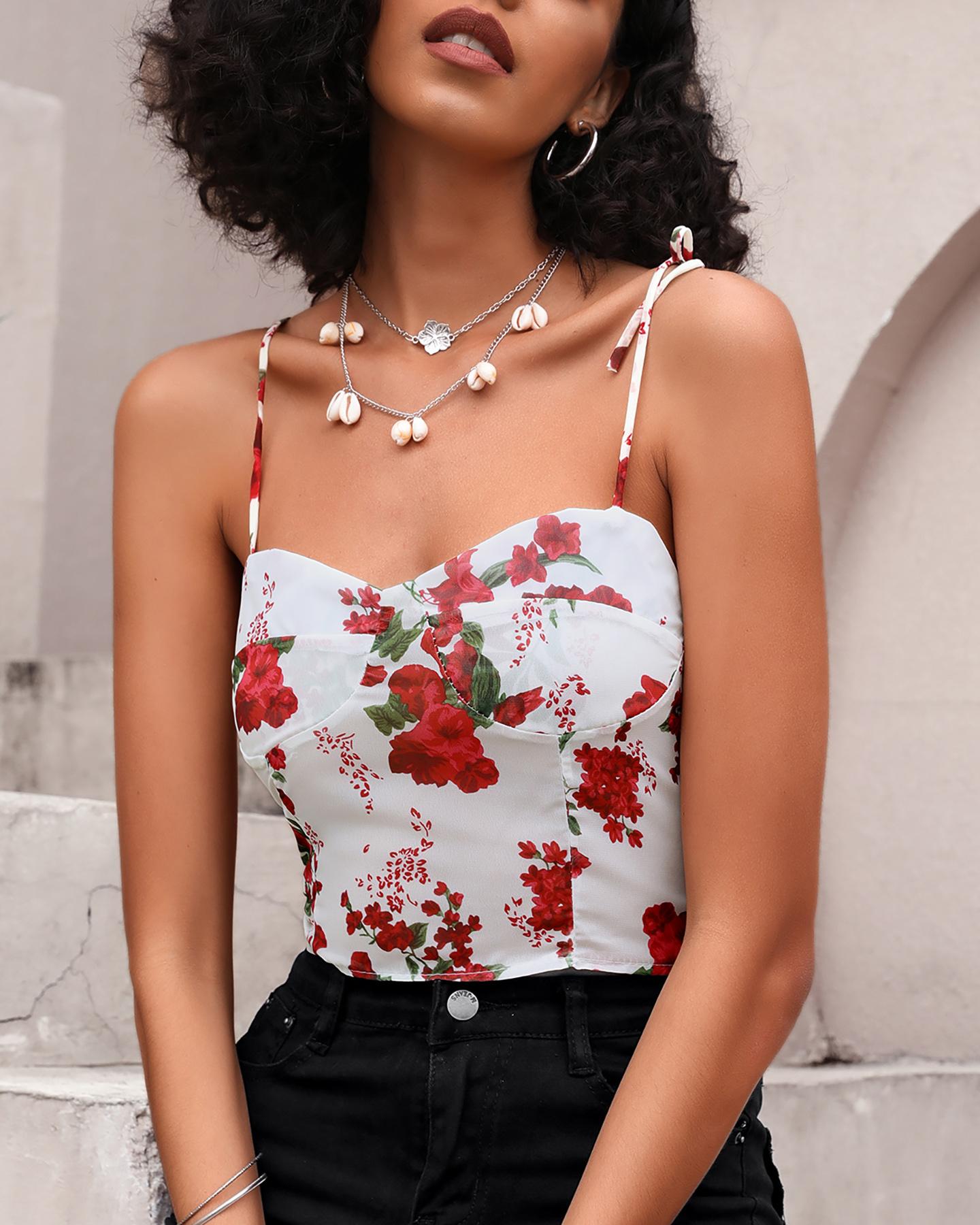 

Spaghetti Strap Floral Print Top, Multicolor