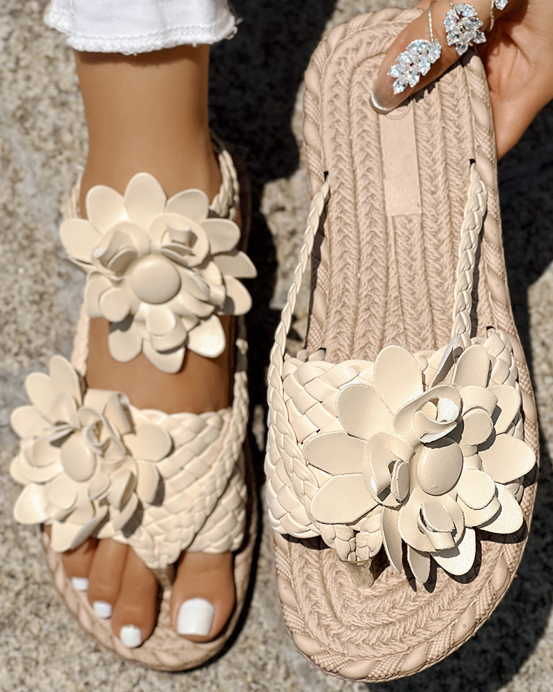 

Chanclas de playa trenzadas con diseño floral en el dedo del pie, Apricot