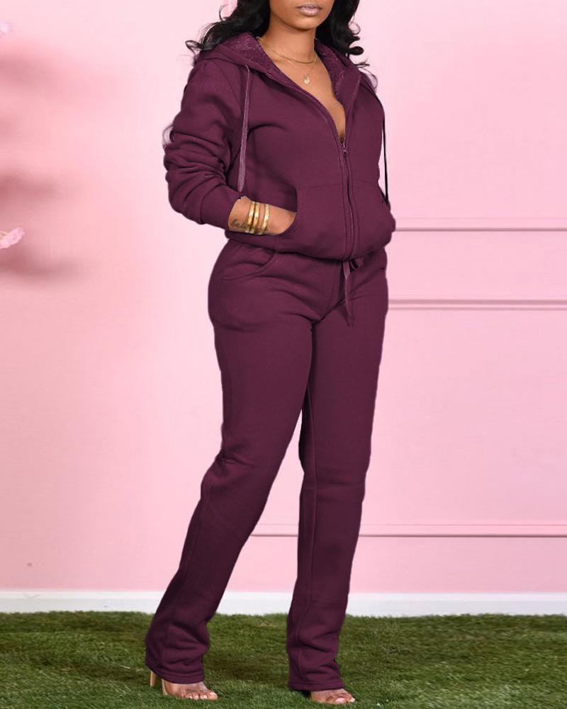 

Long Sleeve Hooded Zip Up Top & Pants Set, Purple