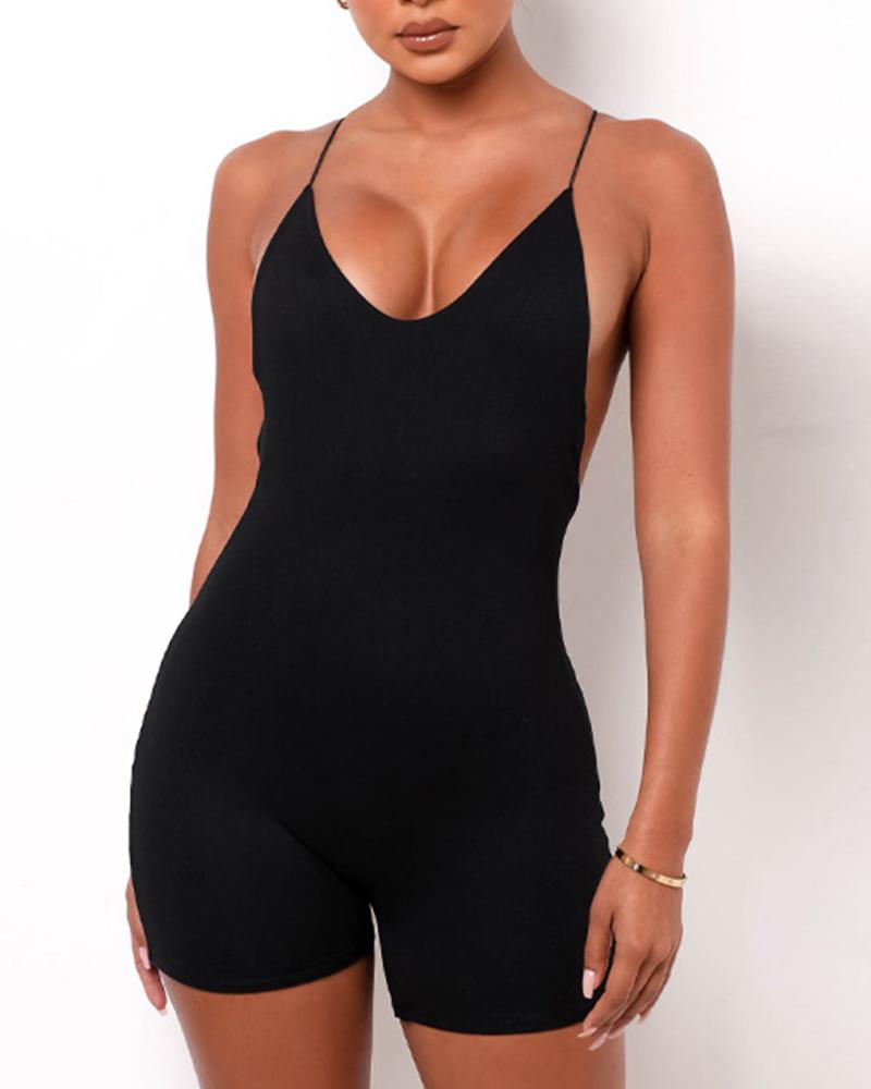 

Criss Cross Backless Skinny Romper Sporty Playsuits, Black