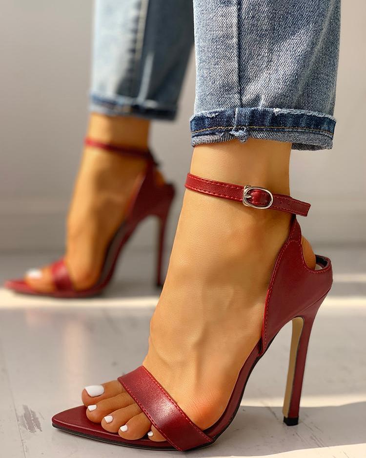 

Peep Toe Ankle Strap Thin Heeled Sandal, Wine red