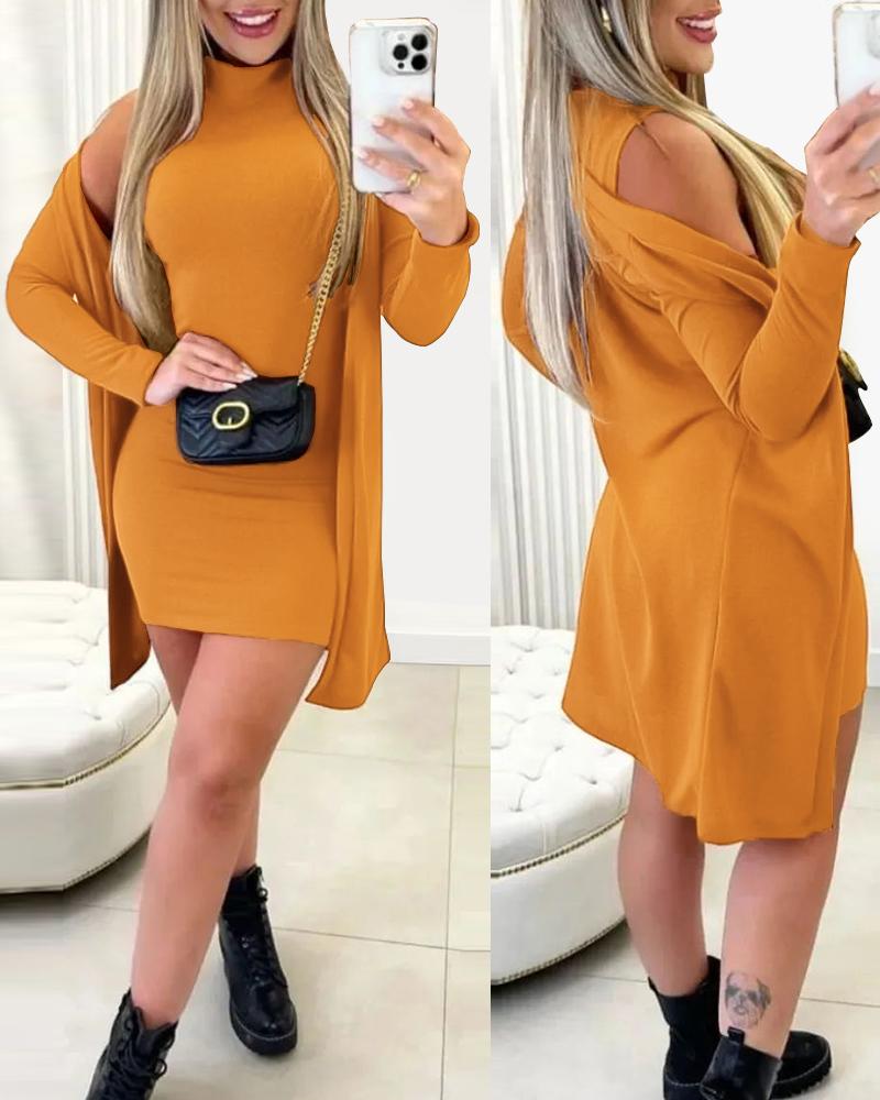 

Sleeveless Mock Neck Bodycon Dress & Long Sleeve Coat Set, Dark yellow
