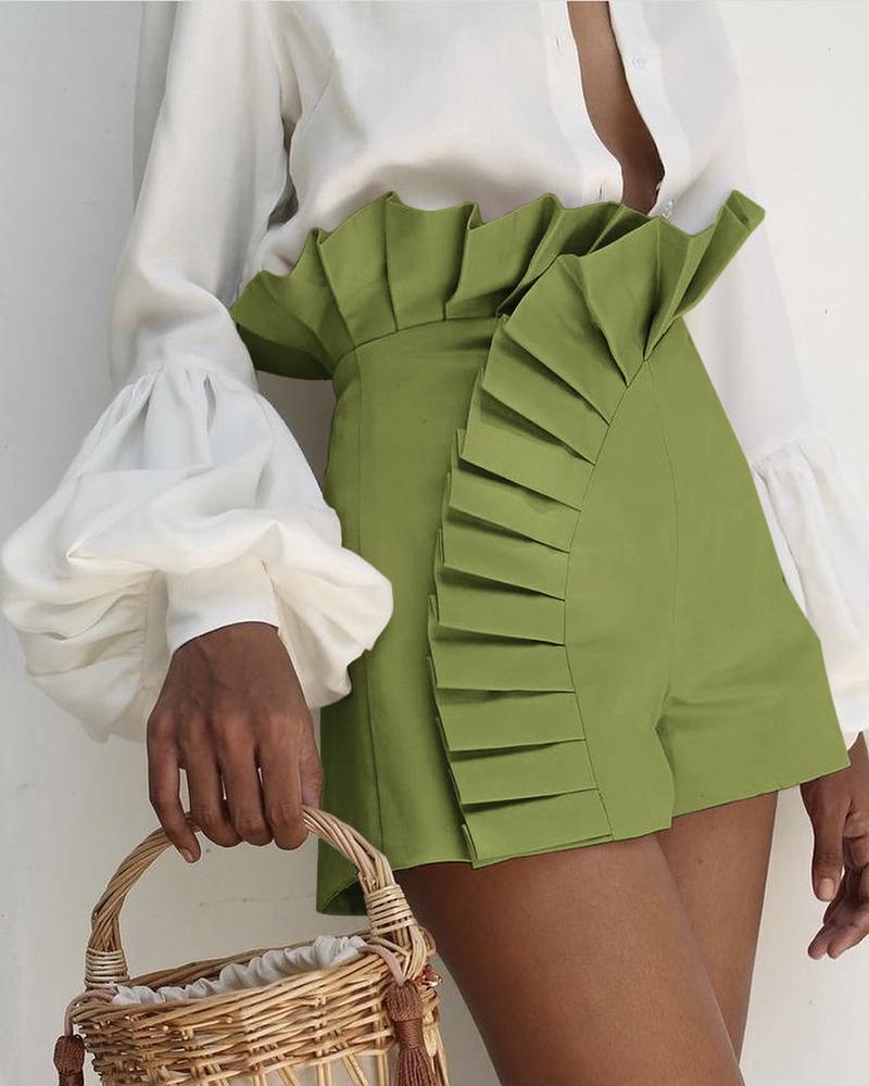 

Ruffle Hem Ruched High Waist Shorts, Green