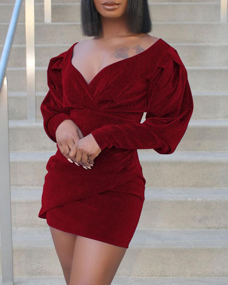 

V Neck Gigot Sleeve Glitter Ruched Dress, Wine red