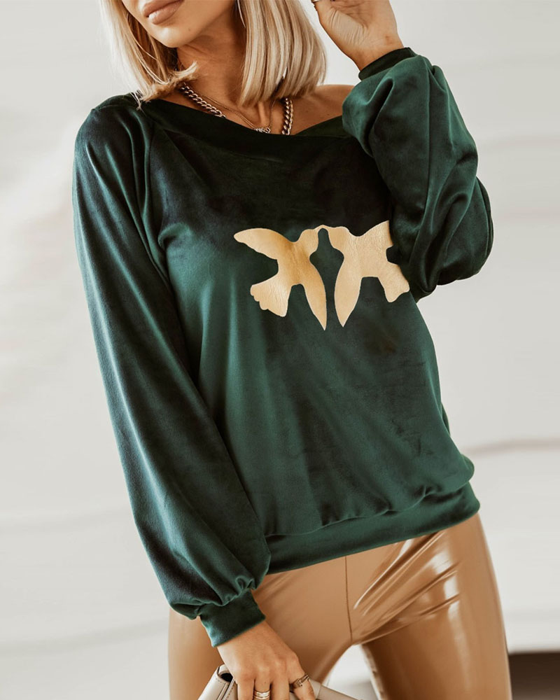 

Bird Metallic Lantern Sleeve Velvet Sweatshirt, Green