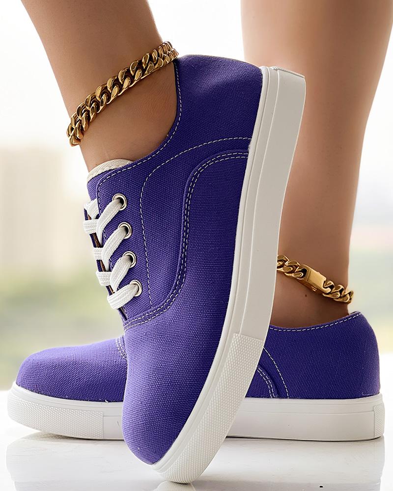 

Eyelet Lace-up Round Toe Canvas Sneakers, Purple