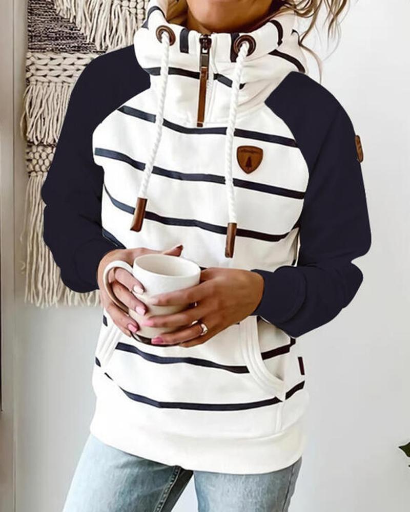 

Striped Print Zipper Front Grommet Eyelet Drawstring Hoodie, Black