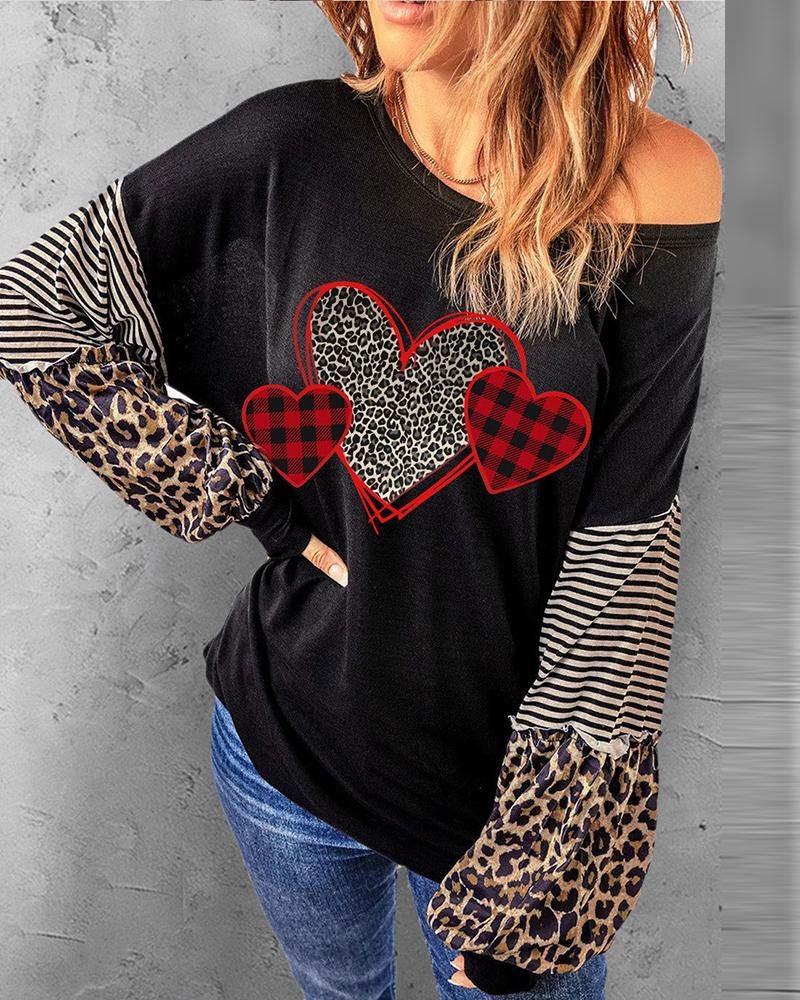 

Valentine' Day Lantern Sleeve Cheetah Plaid Heart Print Sweatshirt, Black