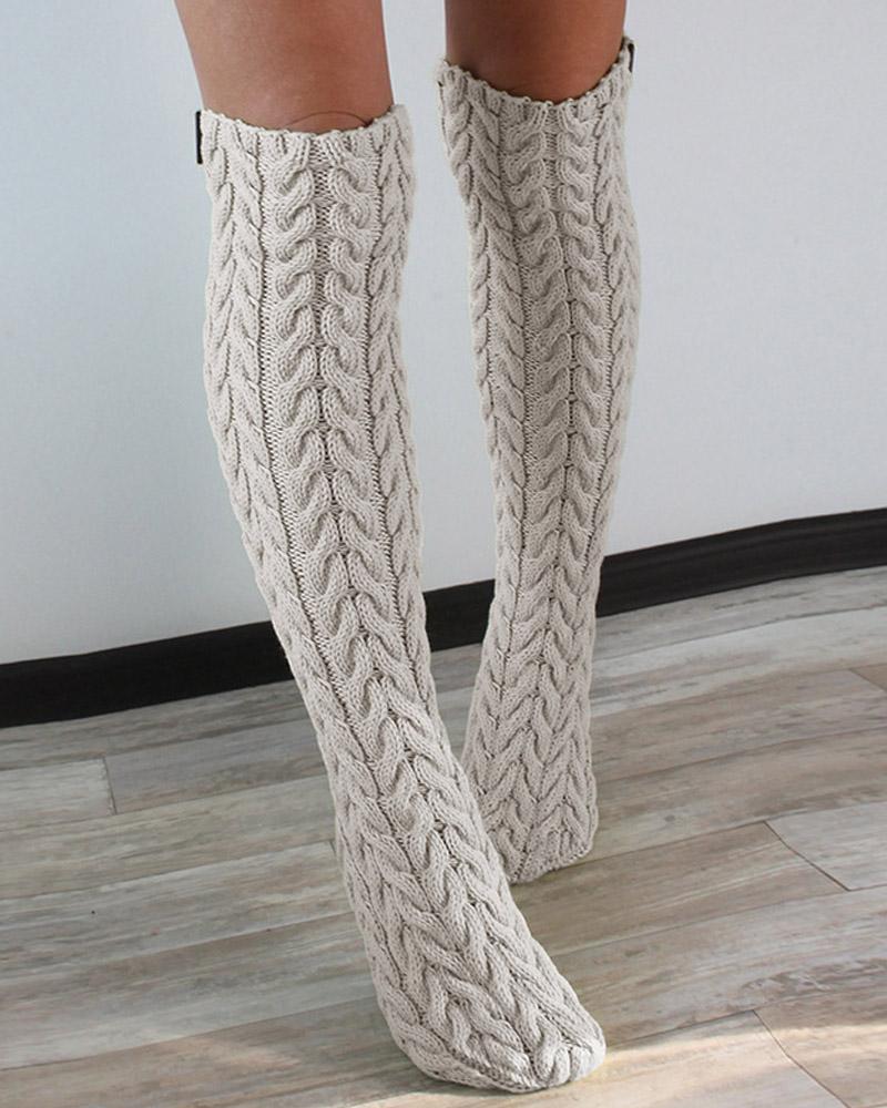 

1Pair Cable Knit Over The Calf Fluffy Tube Socks, White