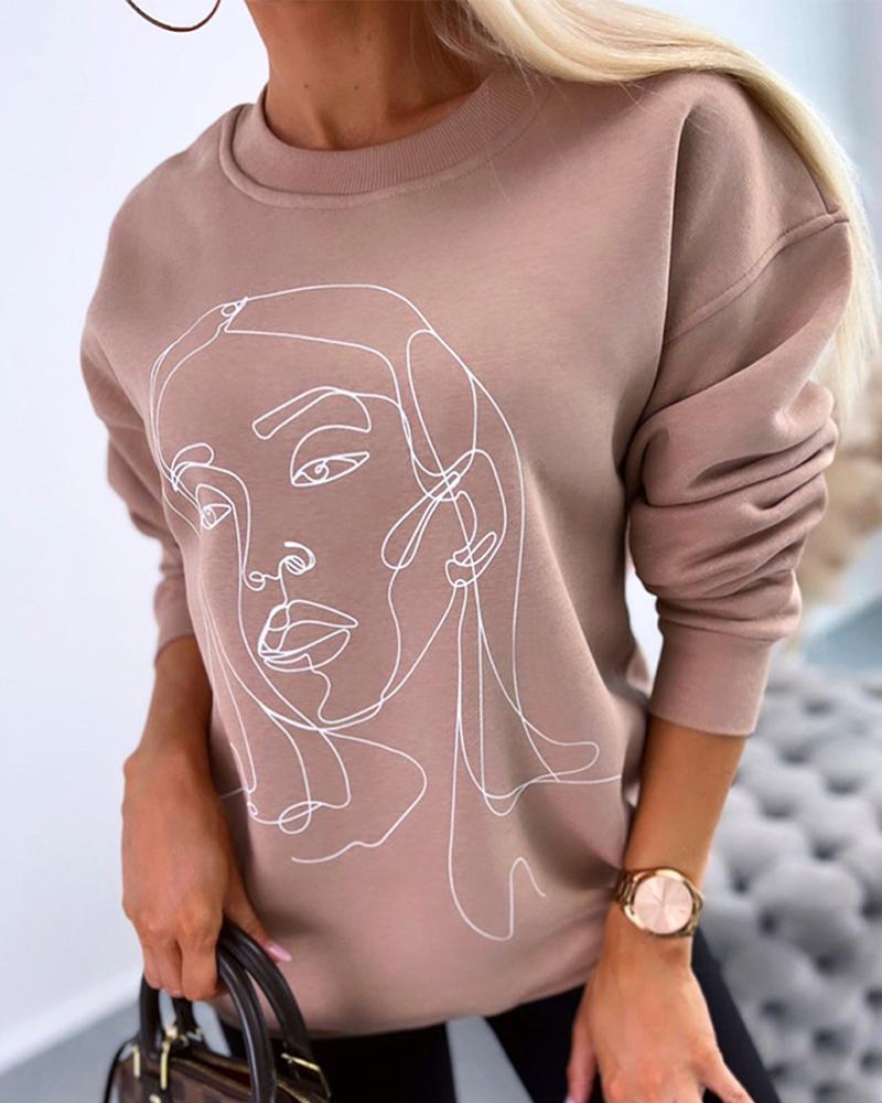 

Figure Print Long Sleeve Sweatshirt, Apricot