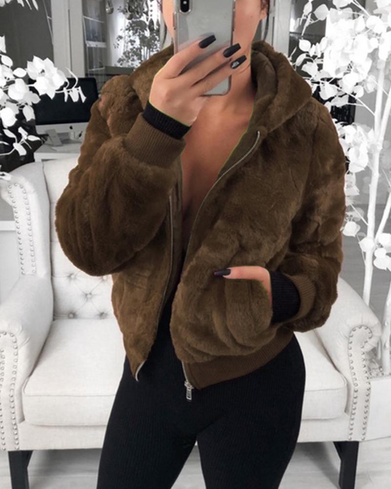 

Long Sleeve Zip Front Fur Faux Fur Hooded Coat, Coffee