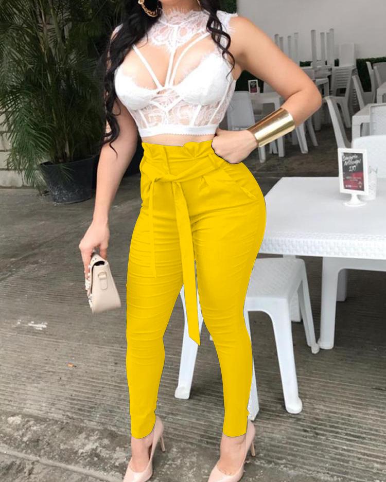 

Solid Pocket Design Pencil Pants With Belt, Yellow