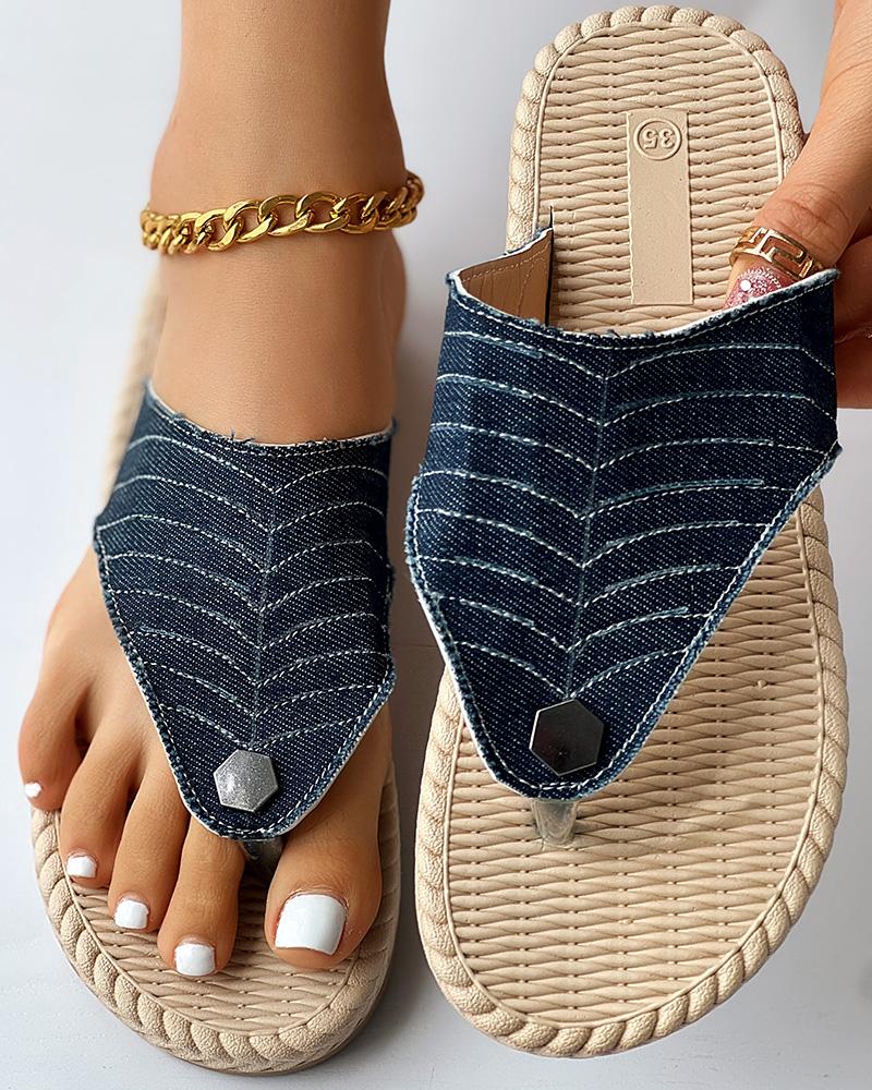 

Quilted Toe Post Denim Summer Beach Flip Flops, Blue