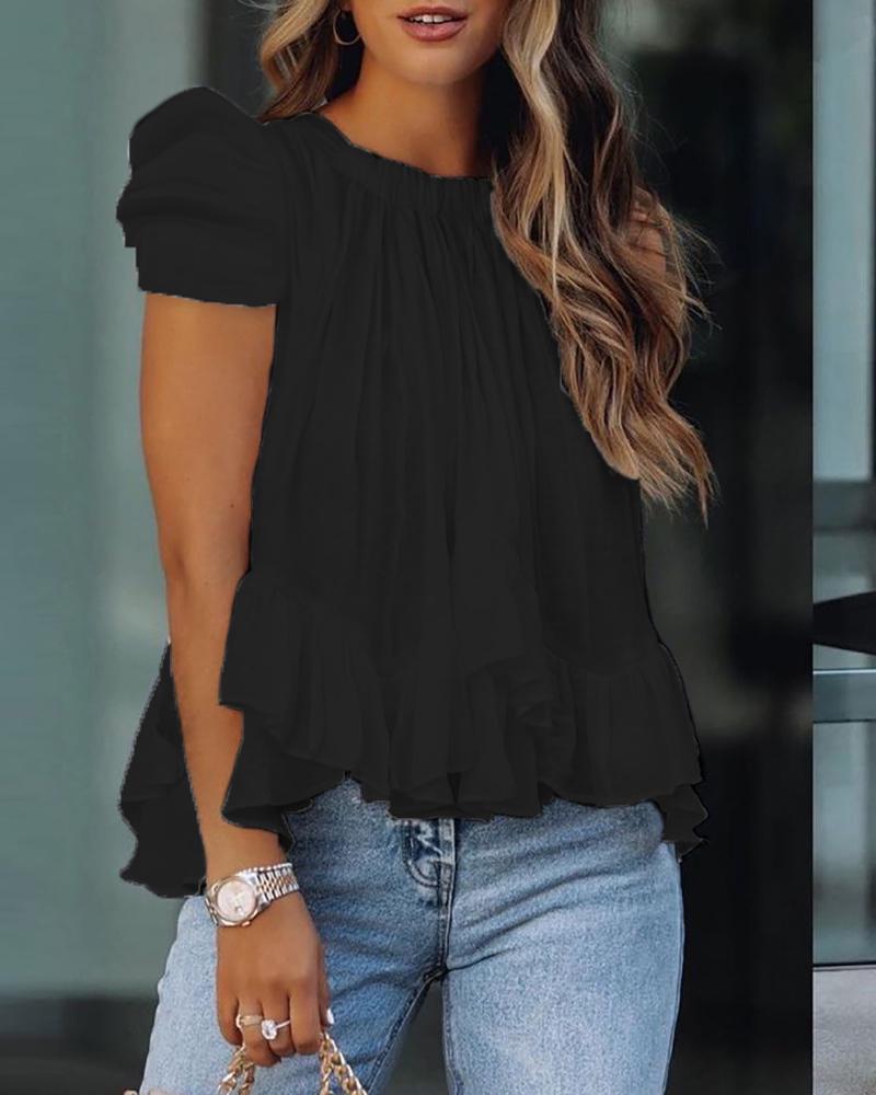 

Puff Sleeve Ruffle Hem Ruched Top, Black