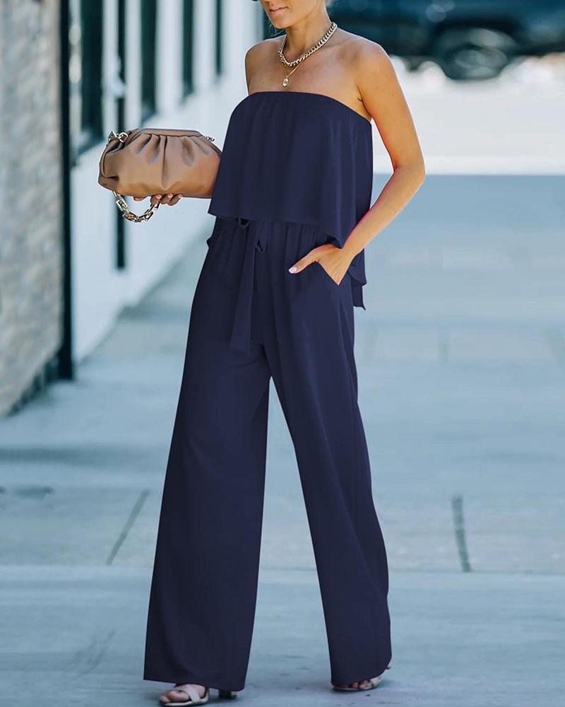 

Strapless Bandeau Pocket Design Ruffles Wide Leg Jumpsuit, Dark blue