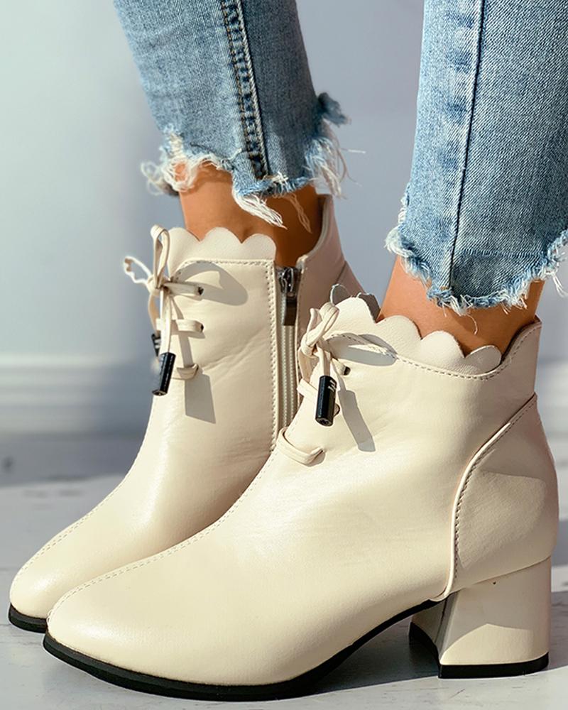 

Lace-up Scallop Trim Chunky Boots, Beige