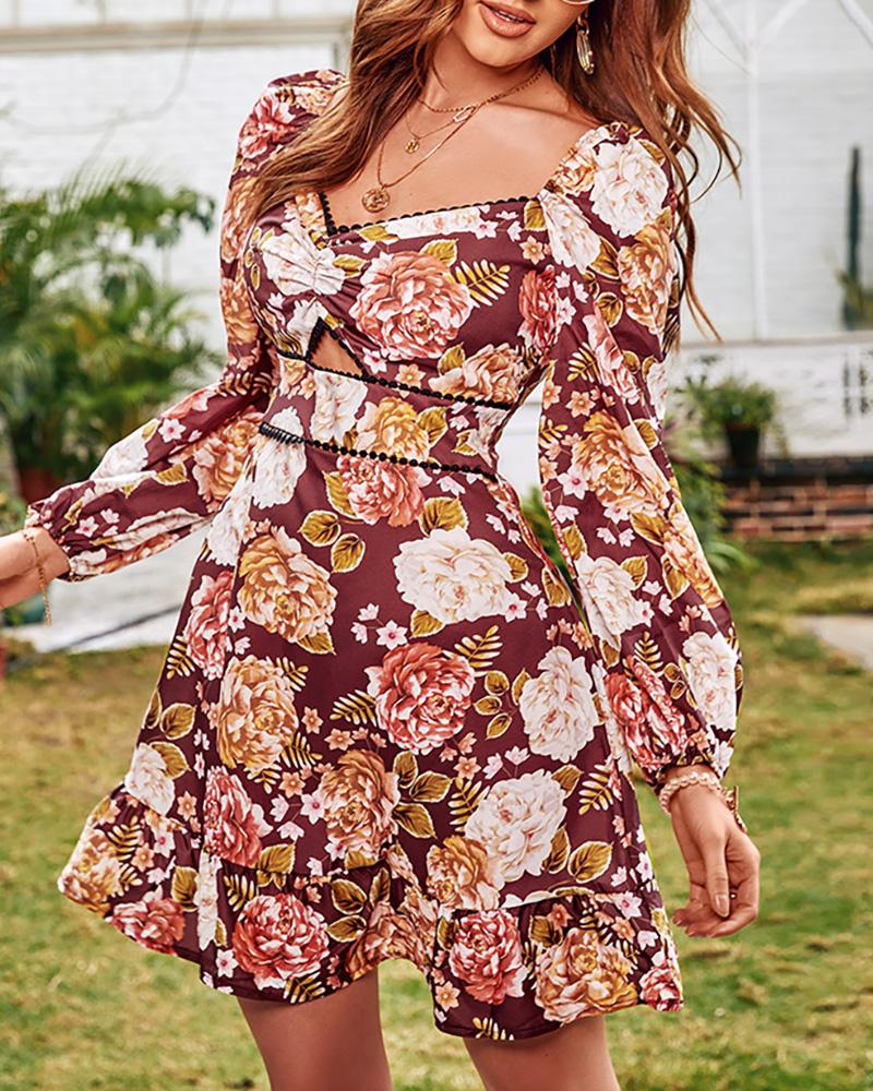Contrast Lace Ruffle Hem Floral Print Dress
