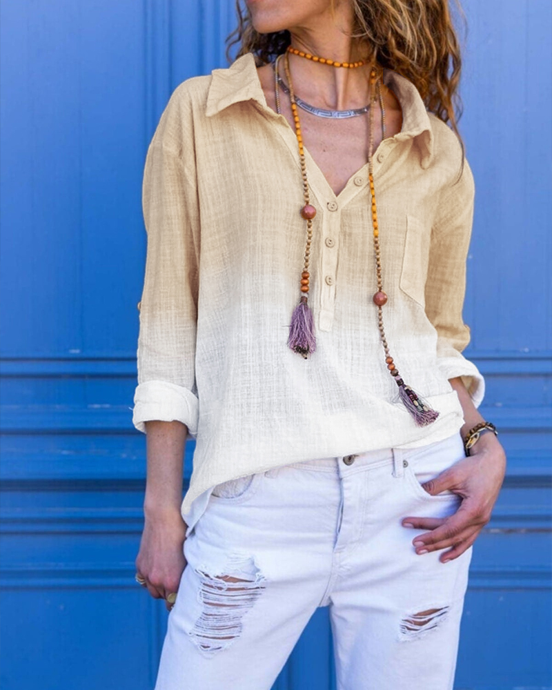 

Ombre Turn-down Collar Roll Up Sleeve Half Button Front Shirt Casual Pocket Design Loose Fit Top, Light khaki