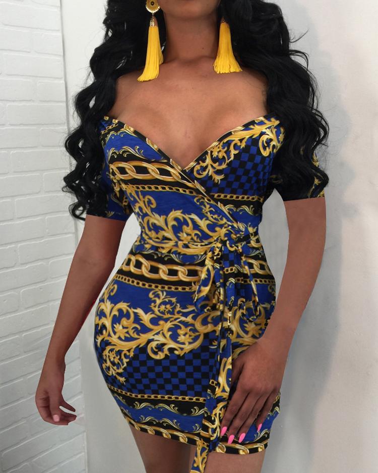 

Vintage Print Off Shoulder Sheath Mini Dress, Blue